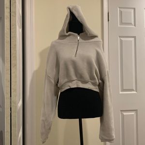 Cropped fuzzy 1/4 zip hooded sweatshirt